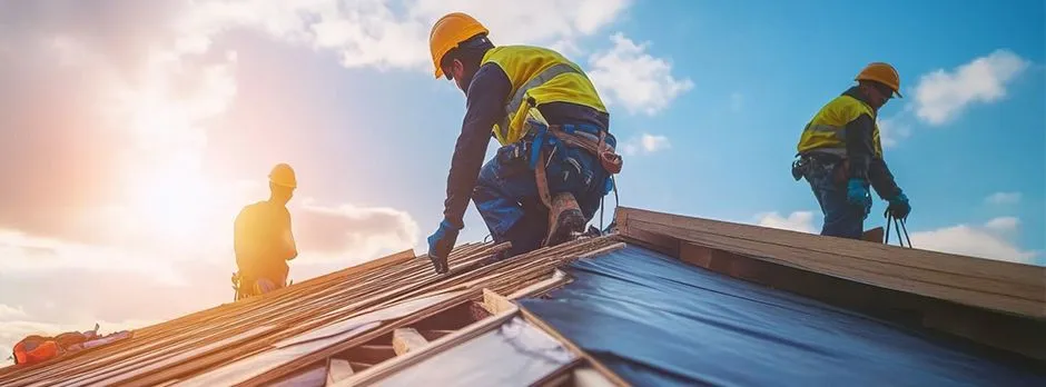 Roofer installing shingles on a roof, viewed from above